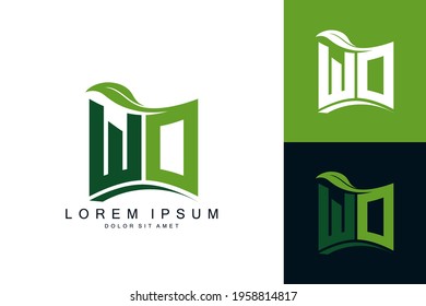 WO logo monogram with green leaf nature organic bio curved shape premium vector design template