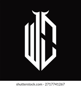 WO-Logo-Monogramm mit Hornform, einzelne schwarz-weiße Designvorlage auf schwarzem Hintergrund