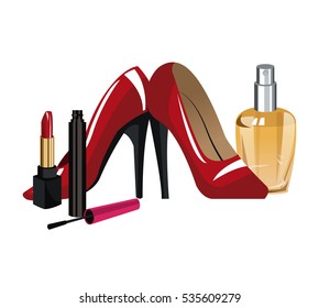 wo makeup and red heel shoes