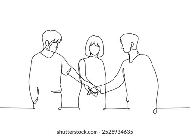 wo men and one woman standing with their hands together in one place - one line art vector. concept of unification, group of three. Handmade vector not AI