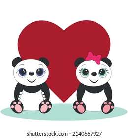 wo pandas in love on the background of a red heart