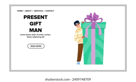 wo present gift man vector. anniversary love, happy day, card hand wo present gift man web flat cartoon illustration