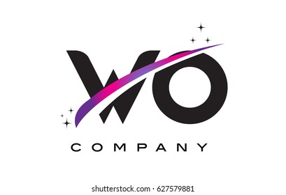 WO W O Black Letter Logo Design with Purple Magenta Swoosh and Stars.