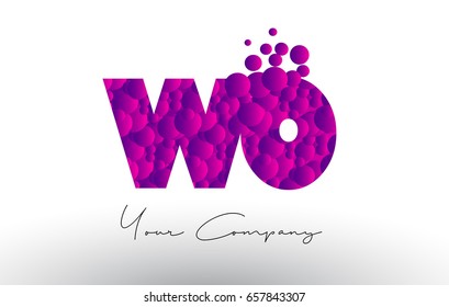 WO W O Dots Letter Logo with Purple Pink Magenta Bubbles Texture Vector.