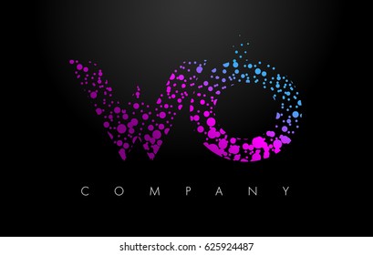 WO W O Letter Logo with Purple Blue Particles and Bubble Dots Design Vector.