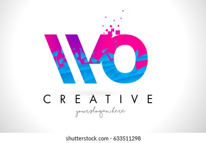WO W O Letter Logo with Broken Shattered Blue Pink Triangles Texture Design Vector Illustration.