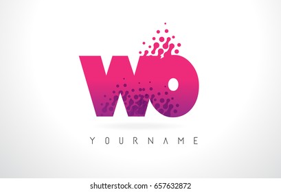 WO W O Letter Logo with Pink Letters and Purple Color Particles Dots Design.