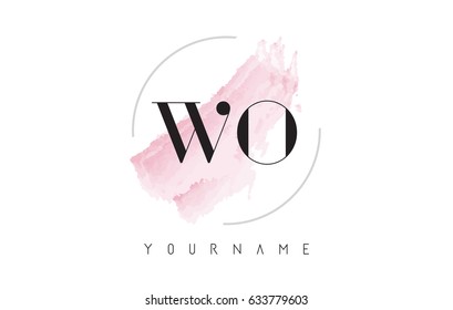 WO W O Watercolor Letter Logo Design with Circular Shape and Pastel Pink Brush.