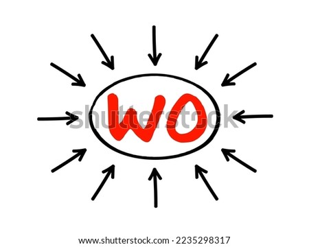 WO Work Order - usually a task for a customer, that can be scheduled or assigned to someone, acronym text concept with arrows
