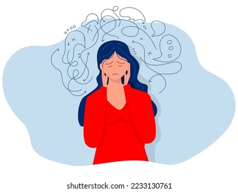 woaman Facial expression concept.girl headache or anxiety attack crisis,anxiety, fear, anger, exhaustion and so many emotions Mental disorder and chaos flat vector illustrator