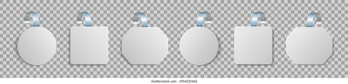 Wobbler mockup. Dangler wobler in supermarket with price. Banner on shelf store. Design of tag for sale. Paper blank template in front for advertising. Round and square wabblers for discount. Vector.