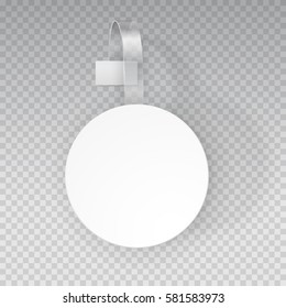 Wobbler Or Sales Point Label Mock Up. White Empty Round Self Adhesive Supermarket Shelf Wobbler Isolated On Transparent Background. Vector Circle Plastic Price Banner, Tag Or Label For Your Design