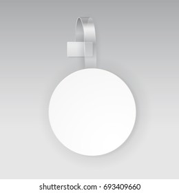 Wobbler or sales point tag mockup. White empty round self adhesive supermarket shelf wobbler isolated on grey background. Vector circle shelf plastic price sticker, banner or label for your design