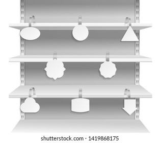 Wobbler shelves. Promotion advertising informing discount sale tags on supermarket shelf. Paper wobblers empty labels vector mockup set