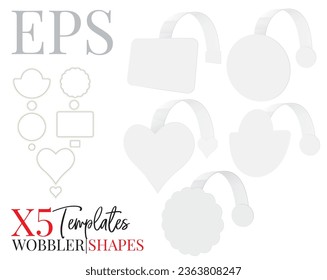Wobbler template, vector with overprinted die cut, laser cut lines. White, clear, blank, isolated  wobbler mock up on white background with perspective view. Price tag, wobbler vector 