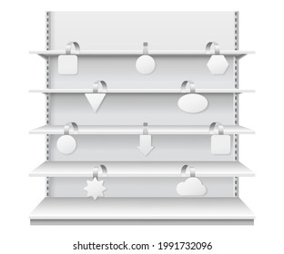 Wobblers on shelves. Retail sale danglers hanging on supermarket shelf. Realistic showcase display with white price tags vector template. Shop or store with empty furniture and promotional labels