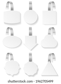 Wobblers white. 3d blank mockup collection, plastic price tag template, advertising sale and discount promotion stickers. Realistic hanging banners different forms vector isolated set