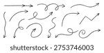Wobbly Arrow Line Set. Pencil Crayon Arrows Direction Kit. Fun Sketch Brush Thin Stroke Arrow Marker Collection. Handdrawn Vector Illustration