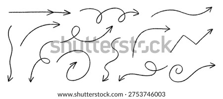 Wobbly Arrow Line Set. Pencil Crayon Arrows Direction Kit. Fun Sketch Brush Thin Stroke Arrow Marker Collection. Handdrawn Vector Illustration