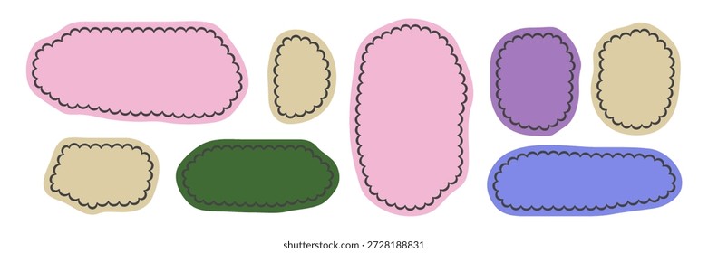 Wackelige Kantenrahmen. Ovale Formen mit Jakobsmuschelrand. Kinderblasenfeld für Text. Vektorgrafik