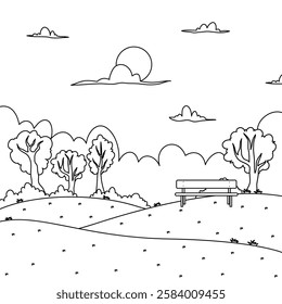 a wodden bench in the park city scene coloring book