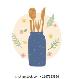 Coquillage en bois sur fond floral. Zéro gaspillage, vert. Illustration vectorielle. 