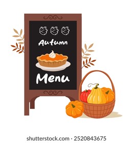 Woden sidewalk chalkboard menu. Festive autumn decor - wicker basket with pumpkins, leaves. Autumn special menu. Vector illustration.