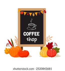 Woden sidewalk welcome chalkboard menu with festive autumn decor of pumpkins, leaves. Coffee shop banner. Vector illustration.