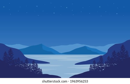 The woderful view of the mountains from the river bank at night with the silhouettes of the surrounding trees. Vector illustration of a city