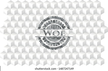 Woe grey badge with geometric cube white background