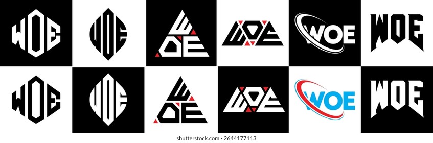 WOE letter logo design in six style. WOE polygon, circle, triangle, hexagon, flat and simple style with black and white color variation letter logo set in one artboard. WOE minimalist and classic logo