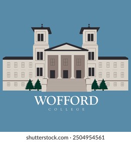 Wofford college building illustration with blue background, print ready file for t-shirts and caps, american architecture, britian building, cityscape concept design, downtown famous graphic house