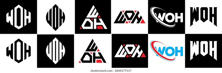 WOH letter logo design in six style. WOH polygon, circle, triangle, hexagon, flat and simple style with black and white color variation letter logo set in one artboard. WOH minimalist and classic logo