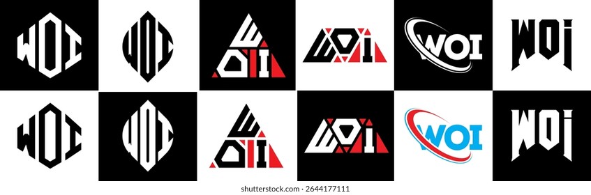 WOI letter logo design in six style. WOI polygon, circle, triangle, hexagon, flat and simple style with black and white color variation letter logo set in one artboard. WOI minimalist and classic logo