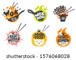 Wok asian food logo, Wok pan, plate, box, sticks, lettering, pepper, vegetables, Cook wok dish noodle ramen fire background logotype design. Hand drawn vector illustration.