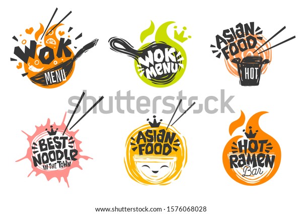Wok asian food\
logo, Wok pan, plate, box, sticks, lettering, pepper, vegetables,\
Cook wok dish noodle ramen fire background logotype design. Hand\
drawn vector illustration.