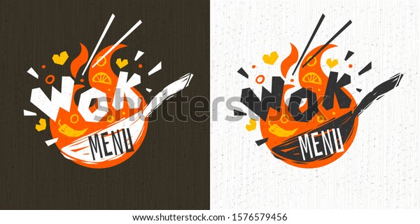 Wok asian food logo, Wok pan, lettering,\
pepper, vegetables, Cook wok dish fire background logotype design.\
Hand drawn vector\
illustration.