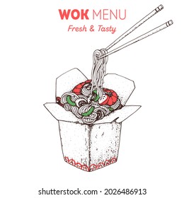 Wok box and chopsticks sketch. Hand drawn vector illustration. Noodles in a carton box. Asian food.