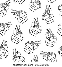 Wok box doodle seamless pattern. Sketch style black and white seamless background with repeat vector illustration of wok box and chopsticks for fast food restaurants, delivery, packaging