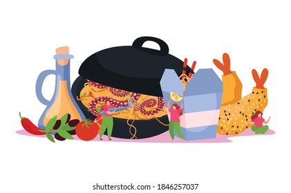 Wok box flat composition with images of freshly cooked asian noodles in pot with doodle characters vector illustration