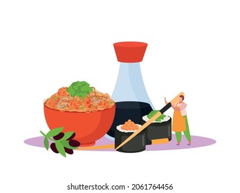 Wok box flat composition with noodles in plate soy sauce and human character of cook vector illustration