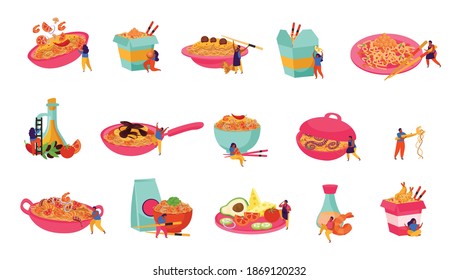 Wok box flat recolor set of isolated icons with served and packed asian fast food noodles vector illustration