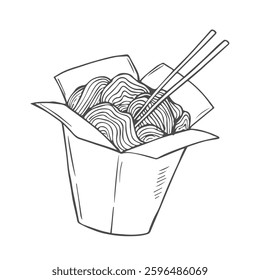 Wok box. Hand drawn vector illustration with Wok box and divergent rays. Used for poster, banner, web, t-shirt print, bag print, badges, flyer, logo design and more.