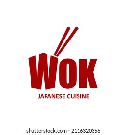 Wok box icon, Chinese and Japanese cuisine wok and sticks. Vector red and white colored symbol for asian restaurant with traditional bamboo chopsticks, isolated icon