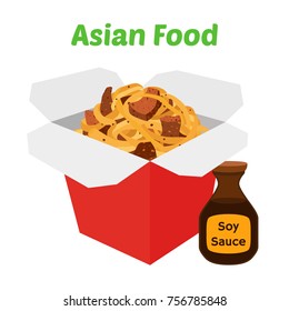 Wok box, japanese, chinese noodles, ramen food, asian noodle. Made in cartoon flat style. Vector illustration