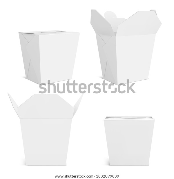 Wok box mockup, blank take away food
container. Empty bag for chinese meal, noodles or fastfood front
and corner view. Paper close and open realistic 3d vector mock up
isolated on white
background
