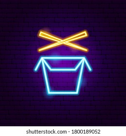 Wok Box Neon Sign. Vector Illustration of Chinese Food Promotion.