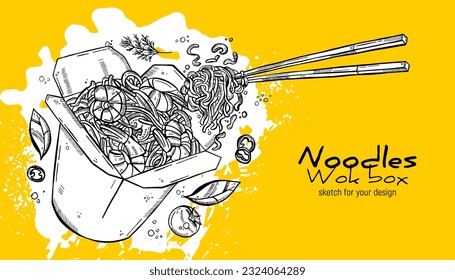 Wok box, noodle, shrimp, chopsticks, vegetables and spices. Asian cuisine. Hand drawing sketch.