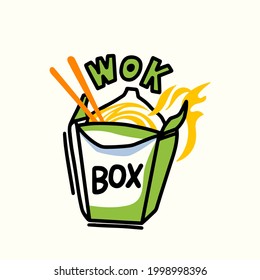 Wok Box with Noodles, Fire and Chopsticks, Design Element for Chinese Food Restaurant, Take Away Asian Meals Concept, Emblem for China House Menu Cover or Cafeteria Signboard. Vector Illustration