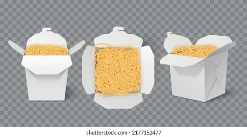 Caja de trabajo con fideos. Contenedor de pasta de cartón realista, diferentes ángulos, vista superior y lateral, empaque de papel blanco, comida callejera china, embalaje en blanco, conjunto vectorial completo